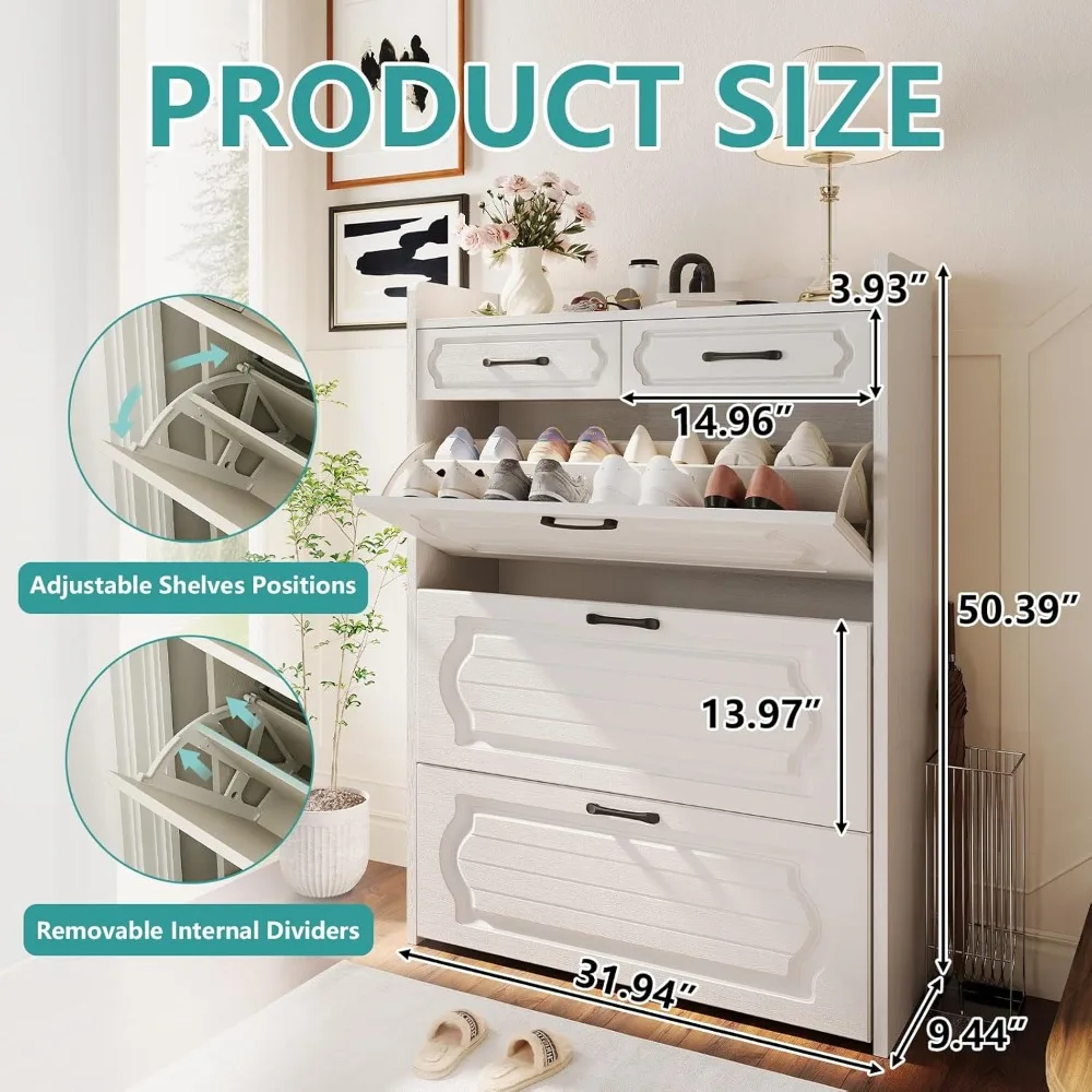 Shoe Cabinet with 3 Flip Drawers and 2 Storage Drawers, Shoes Organizer Cabinets with Adjustable Divider, Hidden Shoe Stor