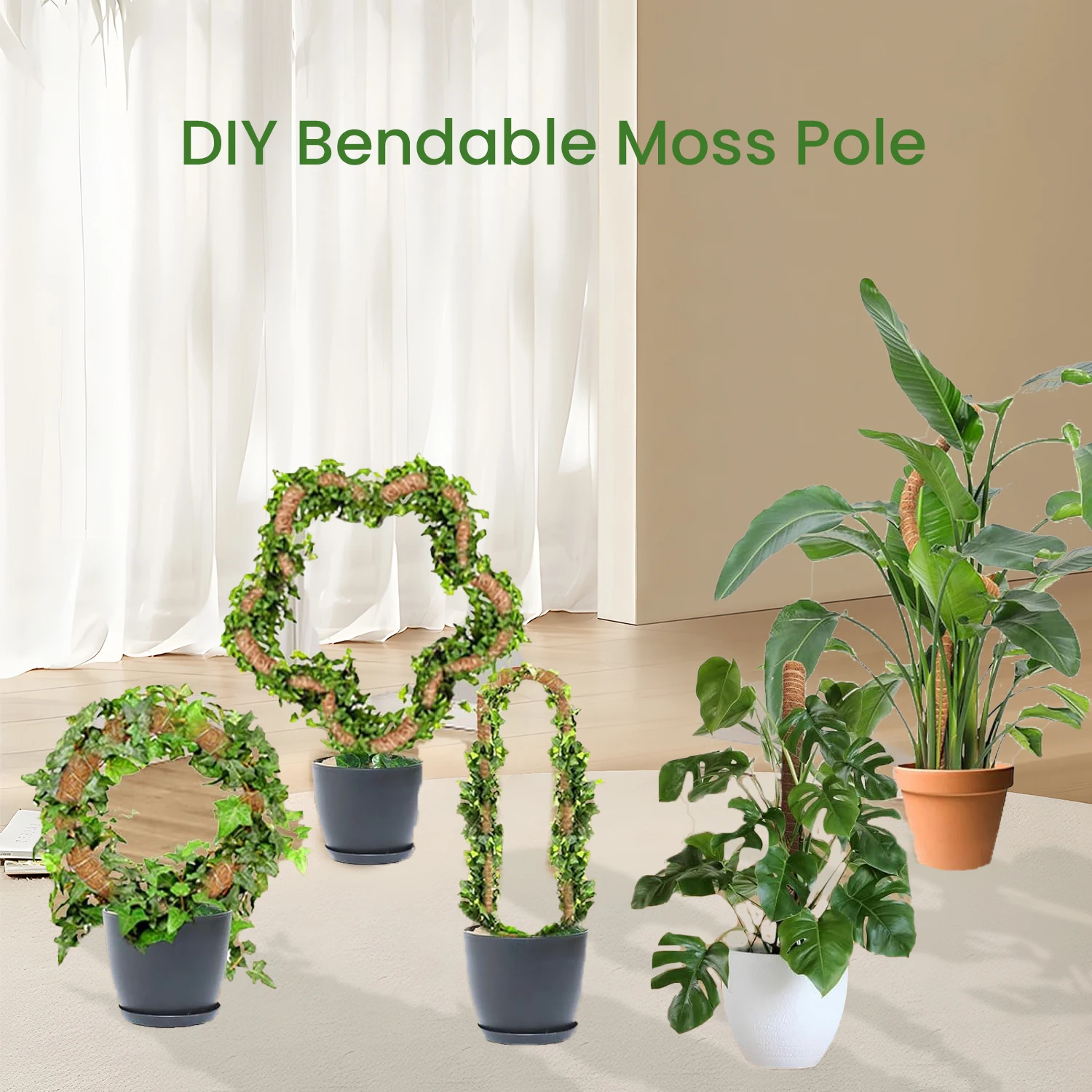 2PCS 60-90cm Bendable Plant Coir Stick DIY Shaping Plant Climbing Vine Pole Moss Pole Indoor Flower Pot Plants Bending Brackets