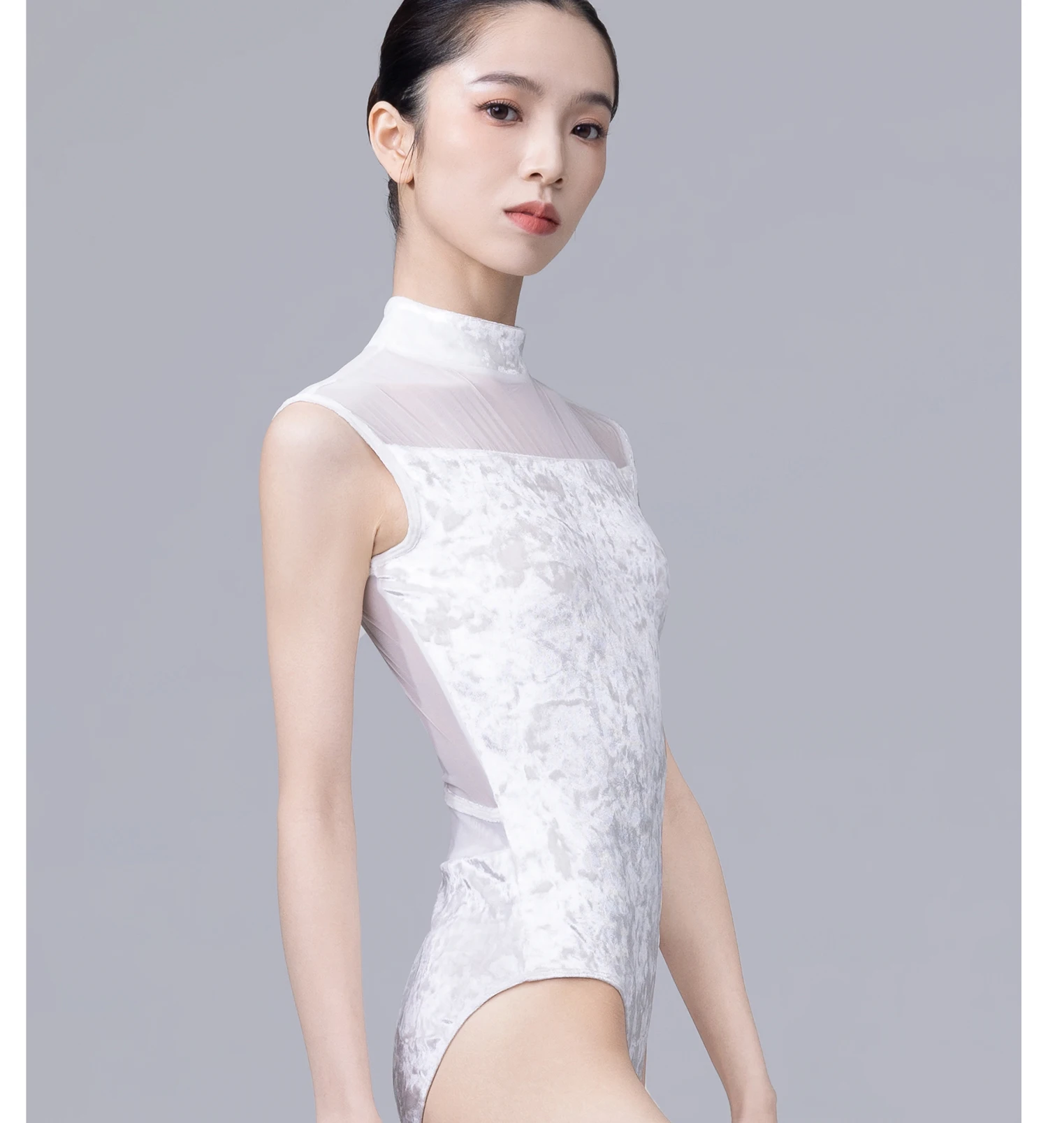 White stand collar Mesh and velvet Leotard Sleeveless Girls Dance Turtleneck Spandex Workout Fitness Bodysuit for Women Bodysuit