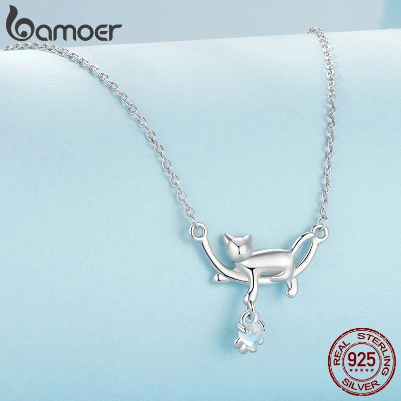 

Ожерелье Bamoer Cat из стерлингового серебра 925 пробы, уникальный дизайн с подвеской в виде кота, ожерелье с подвеской из лунного камня, женские ювелирные изделия
