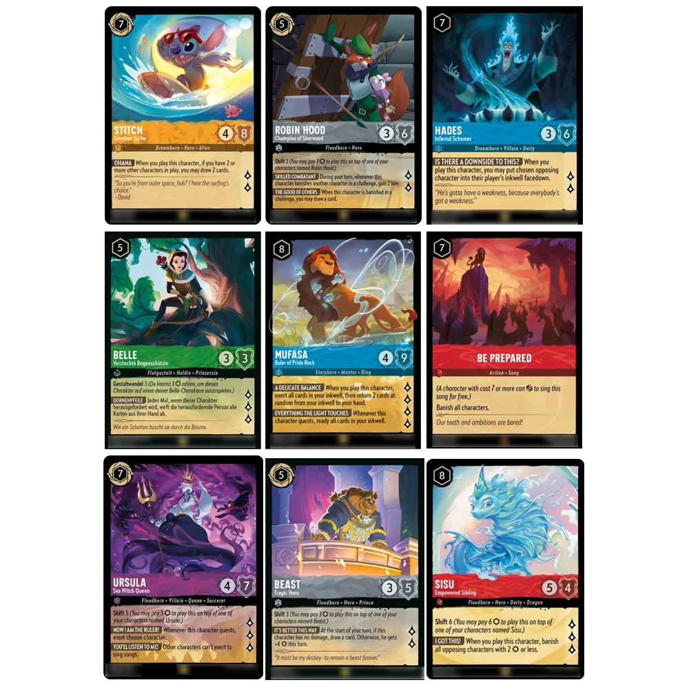 

Lorcana Cold Foil Proxy Cards Rapunzel Belle Mufasa Let it Go Daisy Duck The Queen's Castle English Version Regular