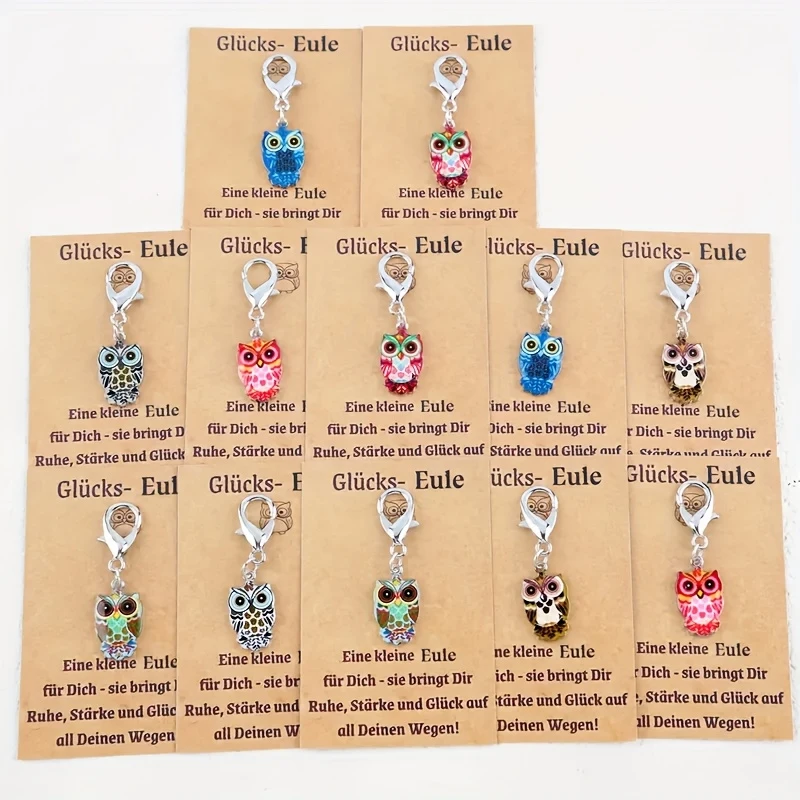 6/12pcs Colorful Owl Keychain Set with Lucky Greeting Card, Unique Bag Decoration for Birthday Party Back to School Gift