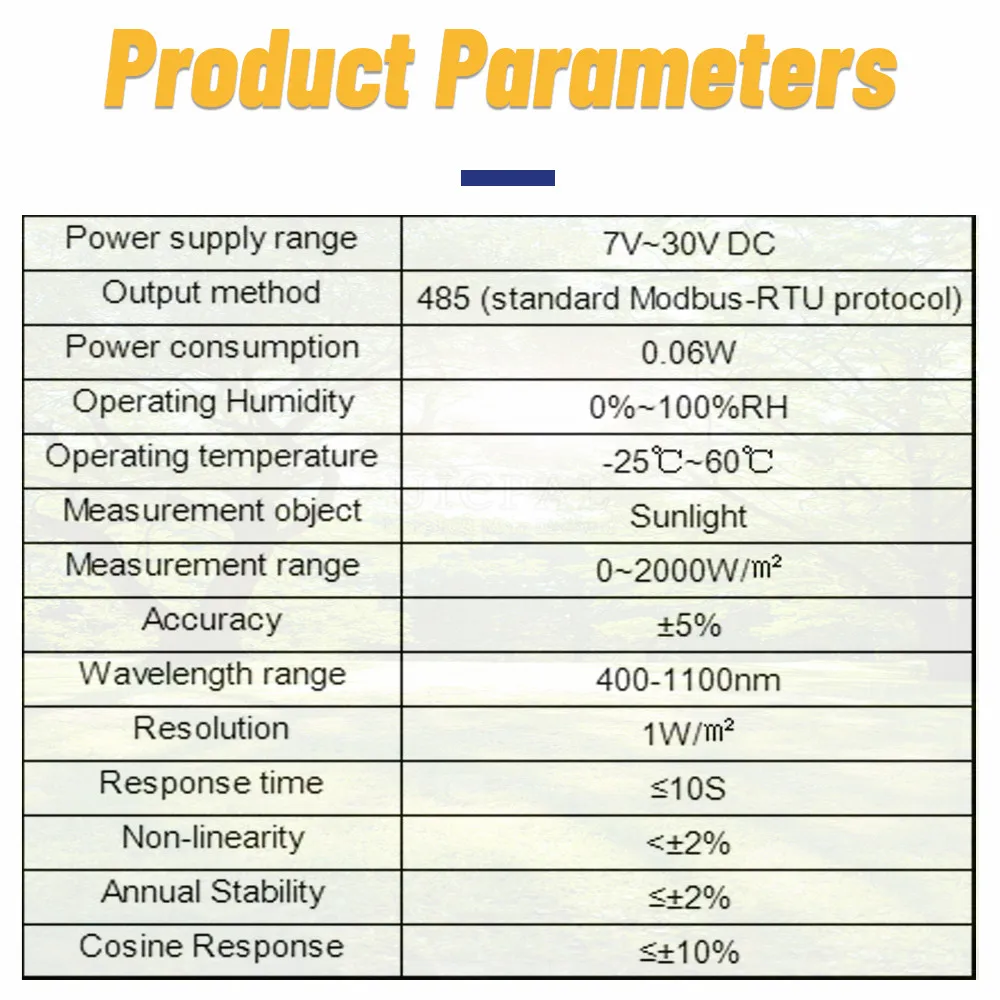 Total Solar Radiation Sensor RS485 0-5V 0-10V 4-20MA Output Radiation Transmitter Monitors Meteorological oOutdoor Irradiance