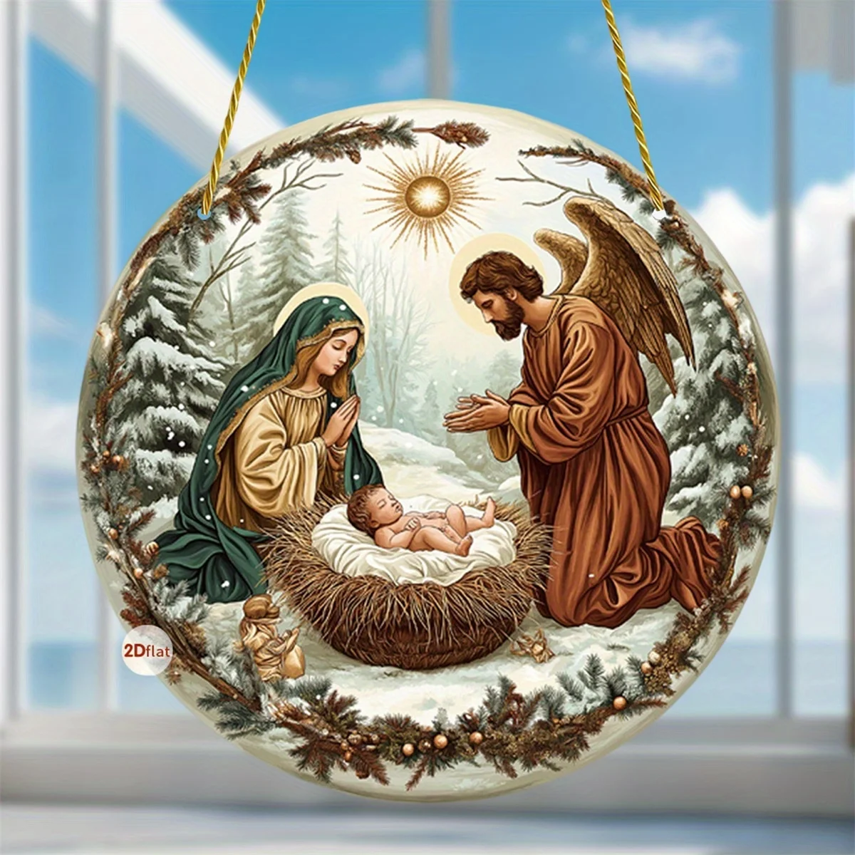 2D Flat, Sagrada Familia Window Sun Catcher- 2D Acrylic Hanging Decoration, Mary And Children, Sunflower And Wheat Design, Suita