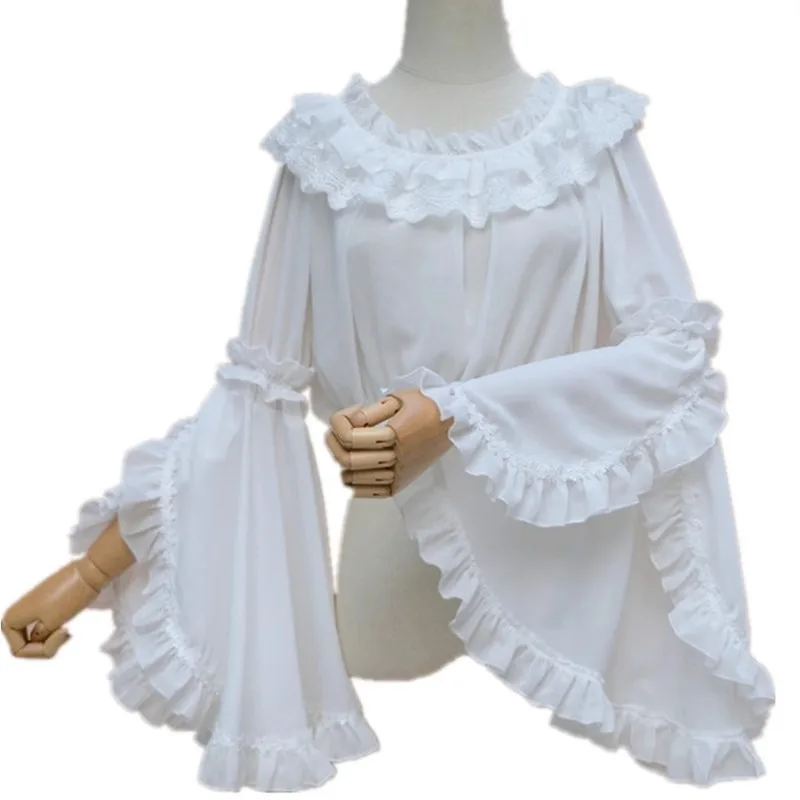 Japanese New Original Summer and Autumn Lolita Retro Short Chiffon with Lace Ruffle Edge Shoulder Solid Color Shirt Top For Girl