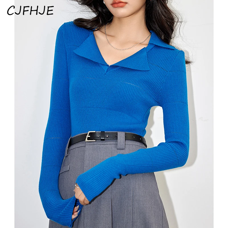 CJFHJE-Top de punto con cuello en V a rayas en contraste para mujer, Top clásico coreano, prendas de punto ajustadas de manga larga para mujer, nuevo diseño de moda francesa