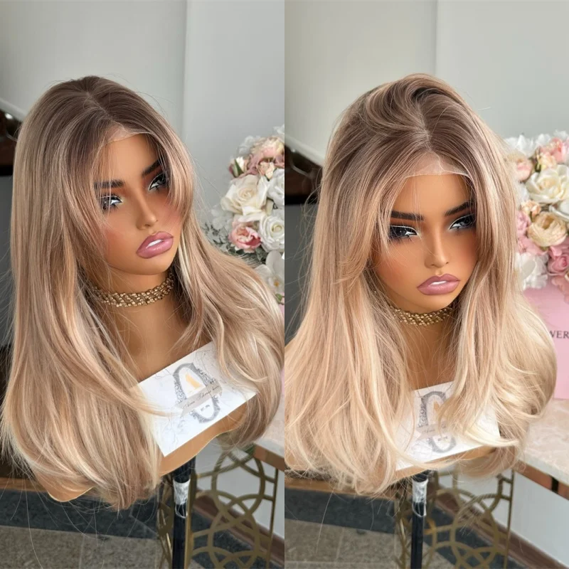 Party Daily Cosplay Wig Ombre Creamy Blonde Highlights HD Lace Front Wig Soft Straight Wig 150% Density Wig Blend Human Hair