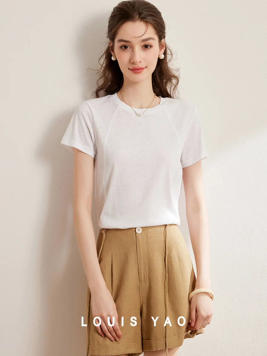 LOUIS YAO 2025 Summer Solid Color Versatile Simple T-shirt Round Neck Split Line Design Short Sleeve Women's T-shirt