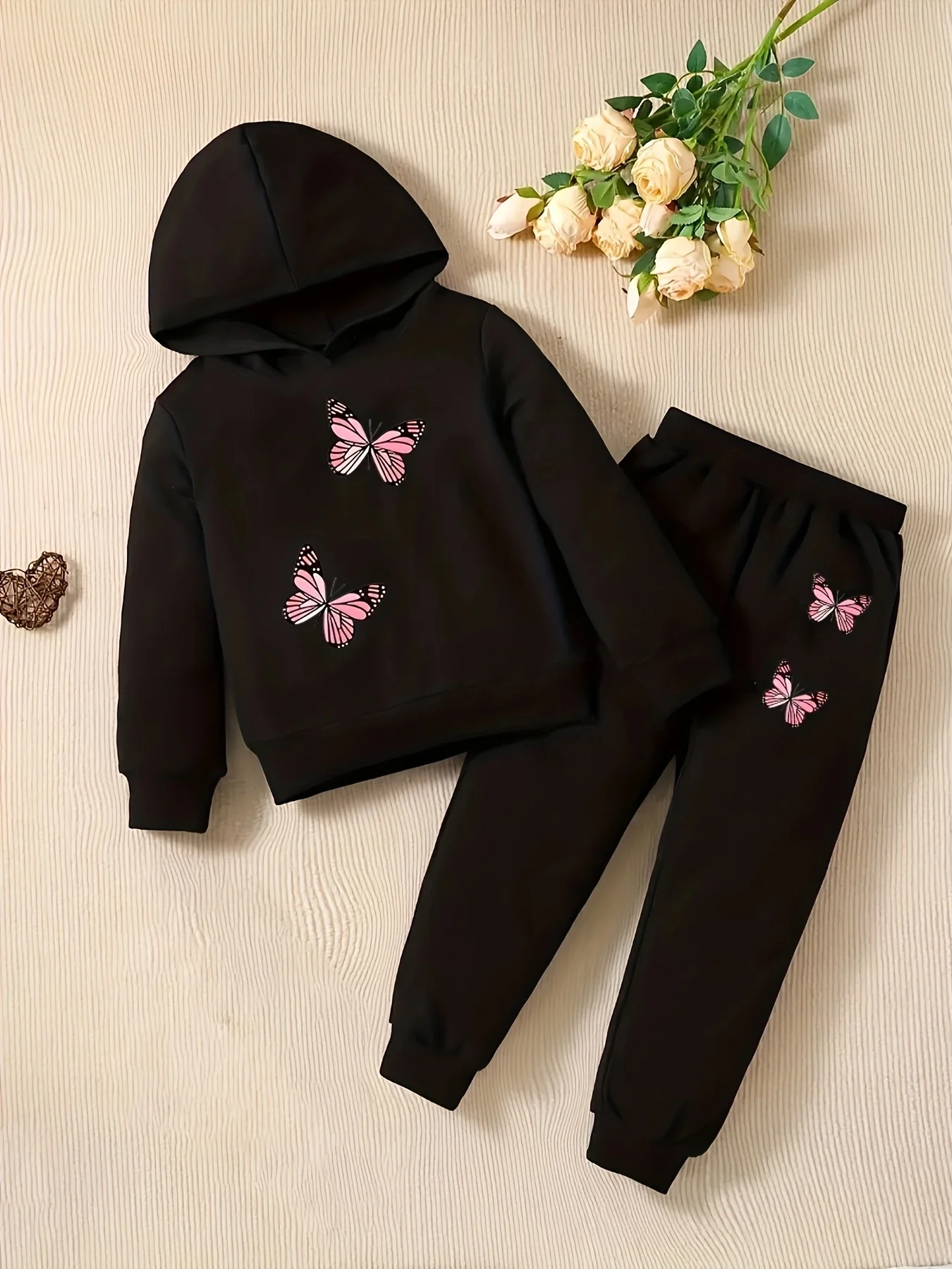 Baby Girl Baby Fashion Butterfly Pattern Hoodie+Sports Pants Two Piece Set Spring and Autumn Gift