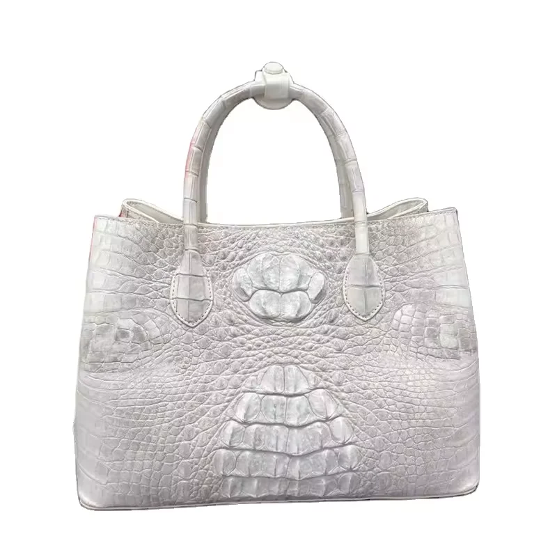 Authentic Crocodile Skin Women's White Working Purse Genuine Exotic Leather Lady Top-handle Handbag Female Large Shoulder Bag