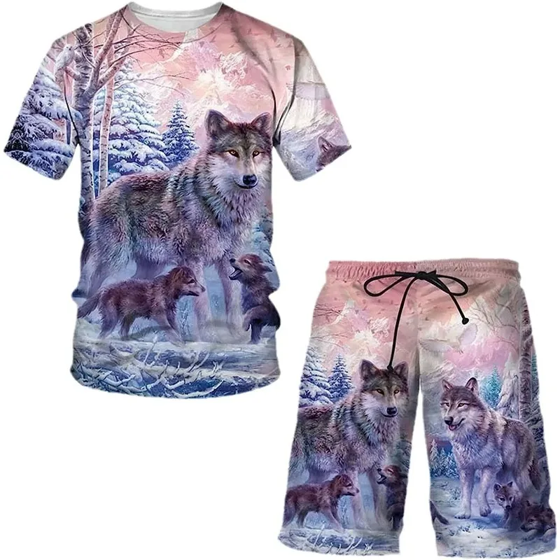 2025 Summer New 3D Printing Men's Casual Suit Lion and Tiger Print Series Men's Short-Sleeve Shorts Suit Round-Neck Casual Suit