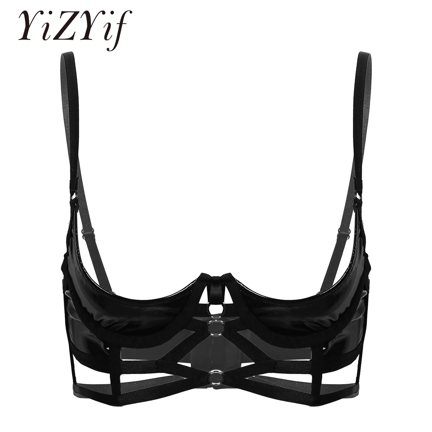 

Womens Open Cup Bra Tops Wet Look Patent Leather Lingerie Quarter Cup Strappy Underwired Bra Tops Sexy lingerie Women Open Bra