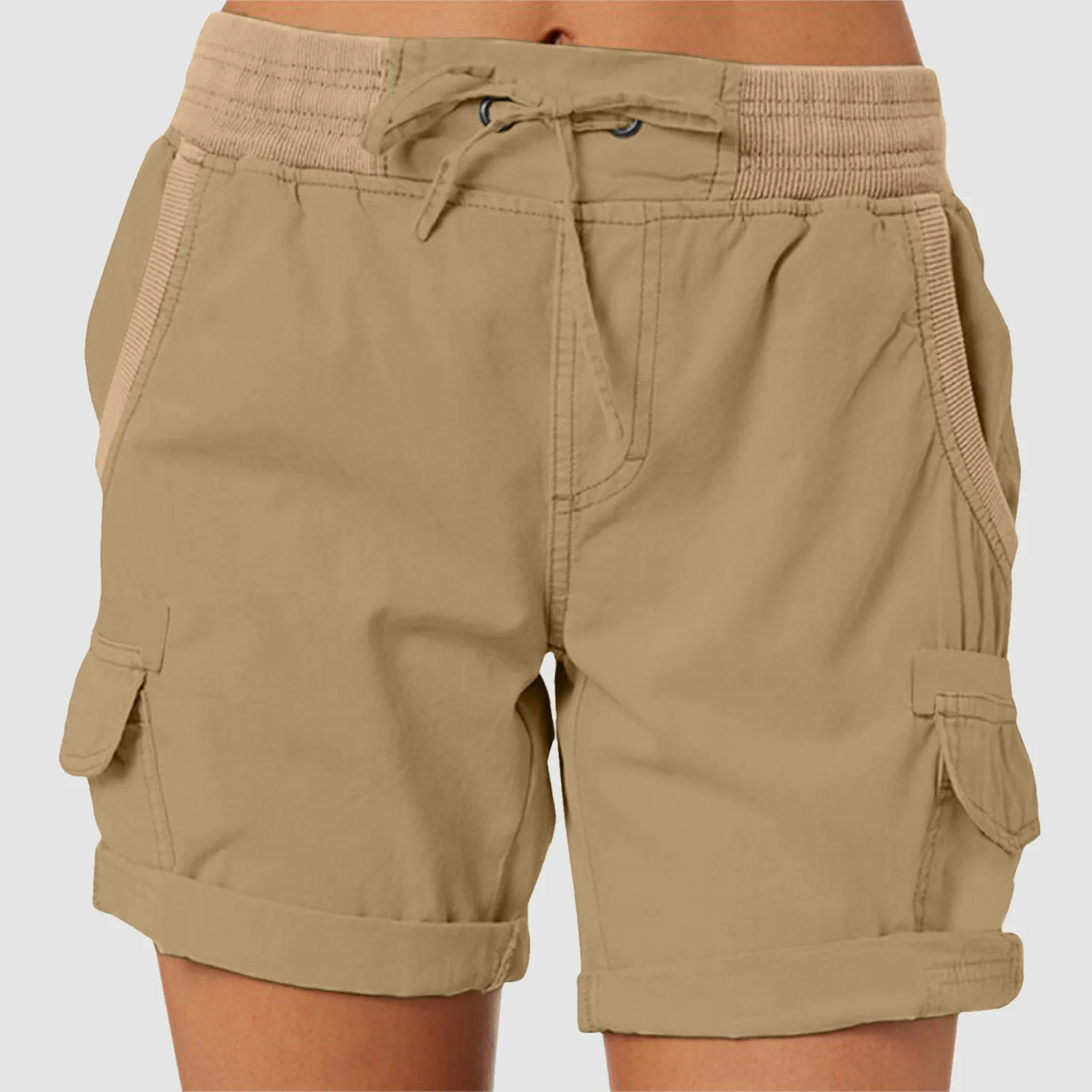 

2024 Summer Women's Shorts Streetwear Fashion Cargo Shorts Solid Colour Casual Loose Drawstring Elastic Waist Shorts Beach Short