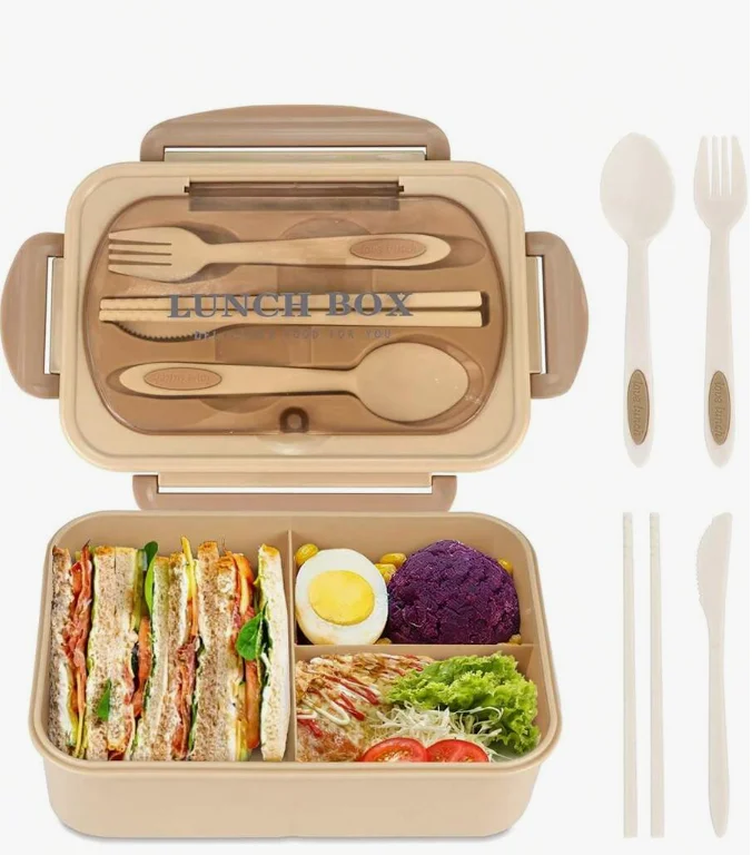 Bento-Box für Erwachsene, 3 Fächer, kann nicht in der Mikrowelle oder im Geschirrspüler verwendet werden (mit Messer, Gabel, Löffel und Stäbchen)