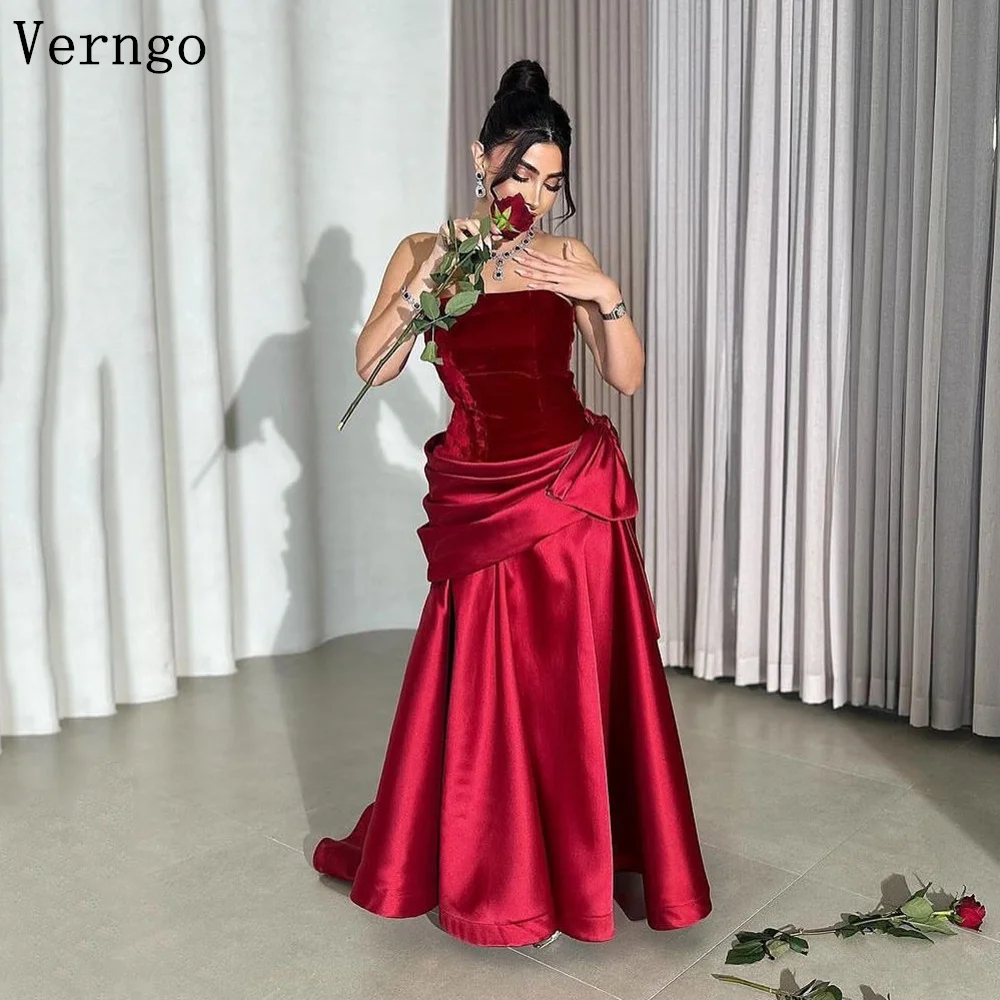 

Verngo Red Velvet Prom Gowns Strapless Mermaid Slim Evening Dresses Celebrity Arabic Eid Formal Dress Customized