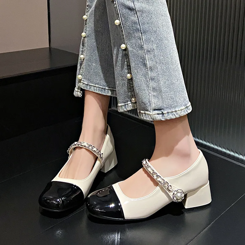 Square Toe Korean Shoes Elegant Shallow Mouth Pearl Decorateion Oxfords Women's Female Footwear Casual Sneaker 2024 Beading Leat