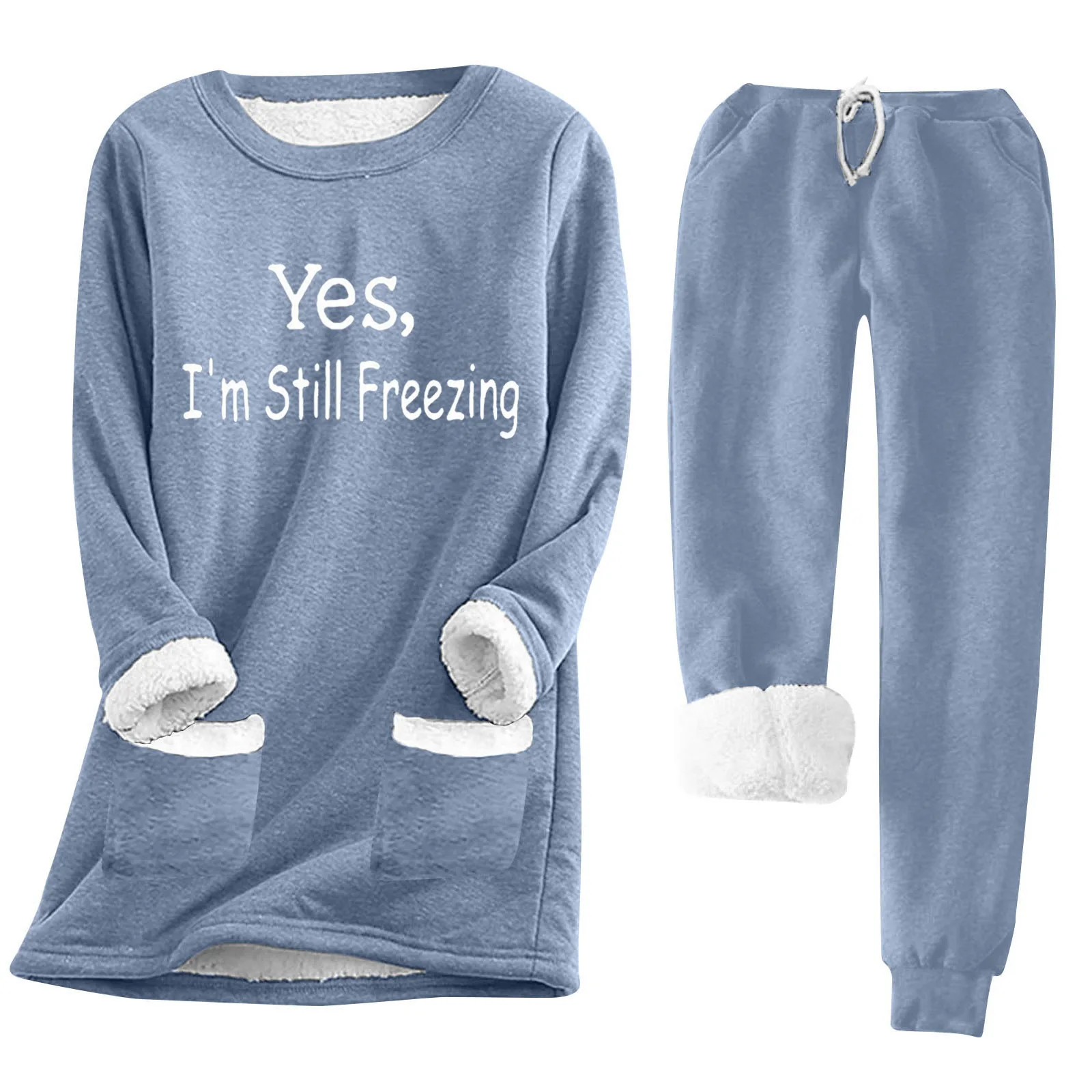 2Pcs/Set Women Autumn Winter Pajama Set O-neck Long Sleeve Sweatshirt Elastic Drawstring Waist Pockets Pants Set Fleece Lining L