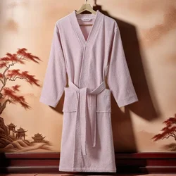 Unisex Nightgown V Neck Lace-up Waist Long Sleeve Solid Color Sleepwear Bathrobe Hotel Dressing Gown Beauty Soft Shower Gown