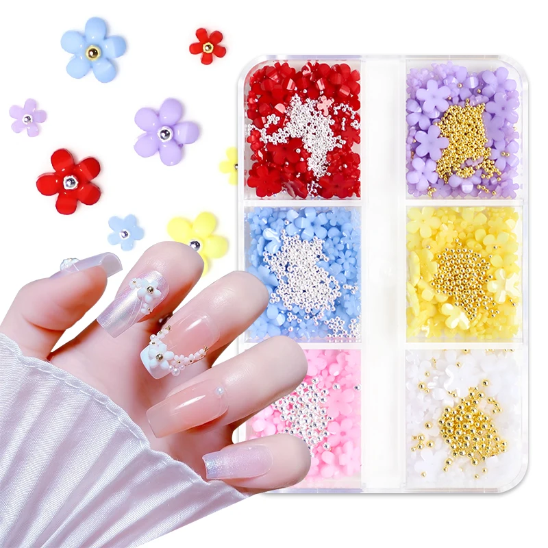 3D White Acrylic Flower Nail Art Decorations Mixed Size Florets Charms Jewelry Gem Beads DIY Nail Charms Design Accessories