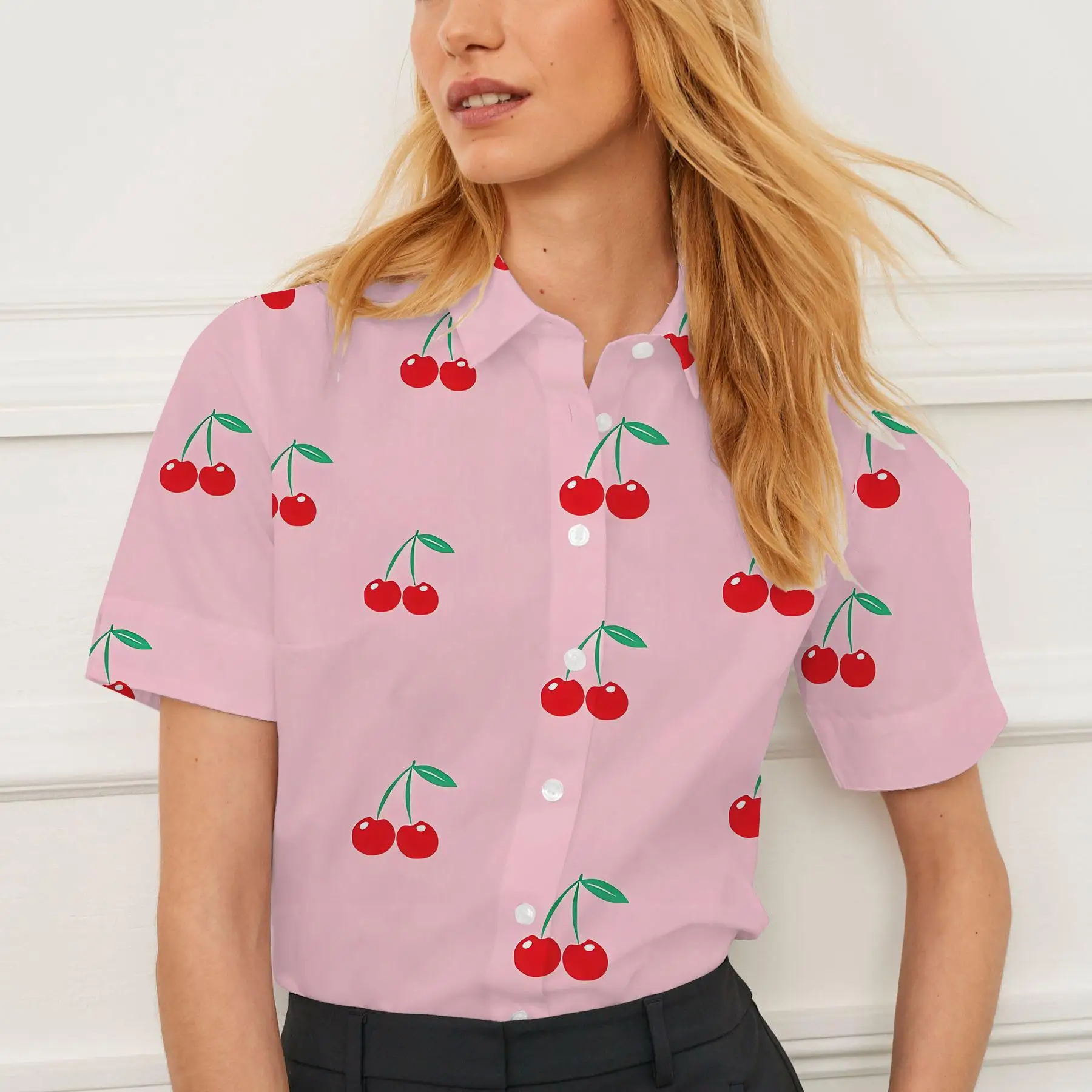 Shirt short sleeve summer women's plaid cherry strawberry pattern design breathable suitable for daily or formal wear
