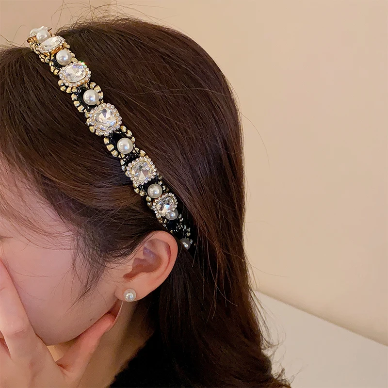 Pearl Inlaid Rhinestone Narrow Edge Hairwears for Women Retro Style High Skull Top Pressure Hairband Hair Accessories Wholesale