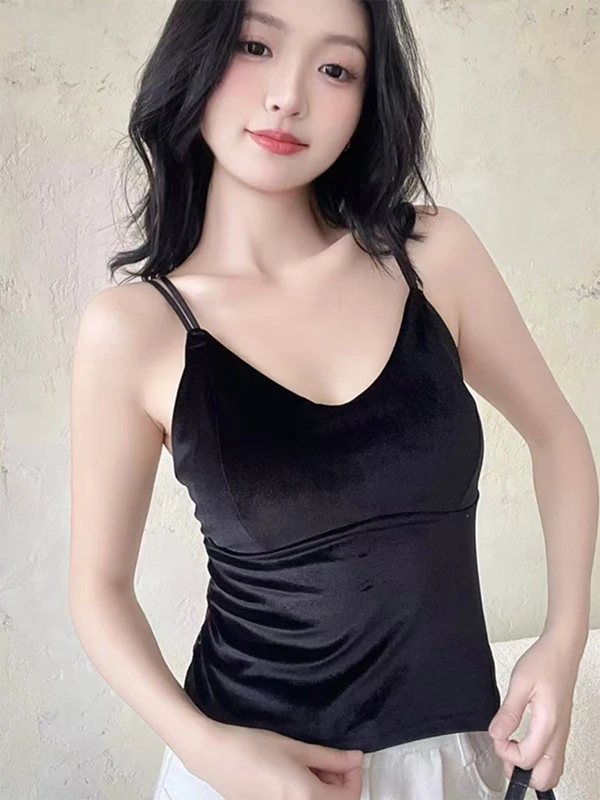 Gold Samt Trägerweste Damen Innenbekleidung Herbst Winter mit Brustpolster Spitze Schönes Ba V-förmiges Röhrenoberteil