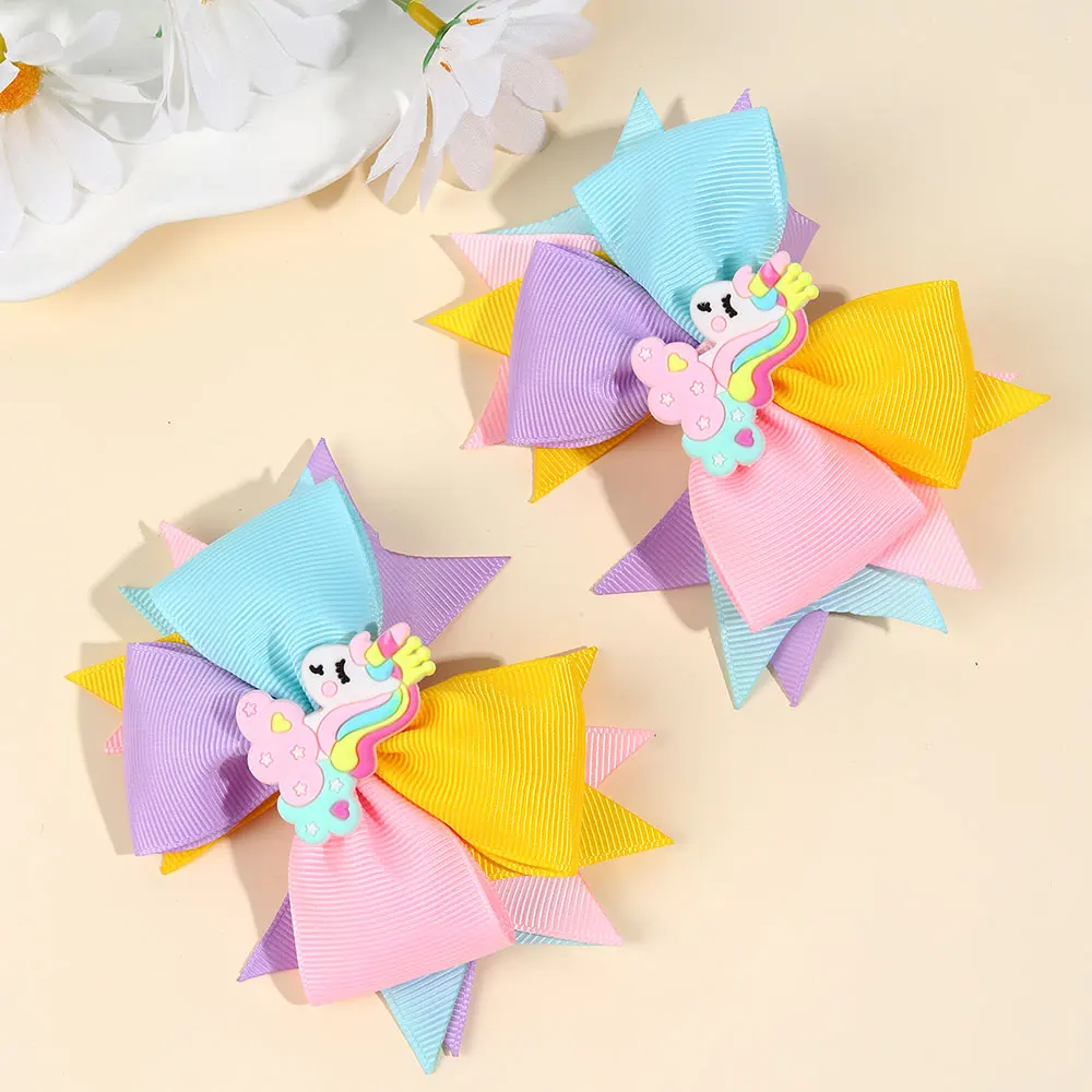 Cute Unicorn Hairpin Colorful Bow Hair Clips For Litter Girls Handmade Ribbon Barrettes Children Headwear Hair Accessories