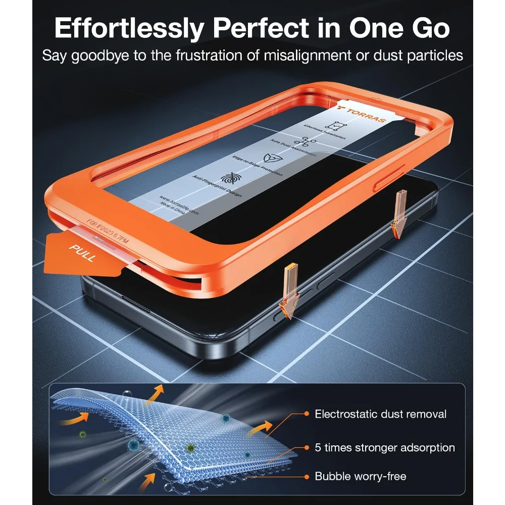 TORRAS Premium Screen Protector for iPhone 15 14 13 Pro Max Tempered Glass Easy Installation Automatic Dust Removal