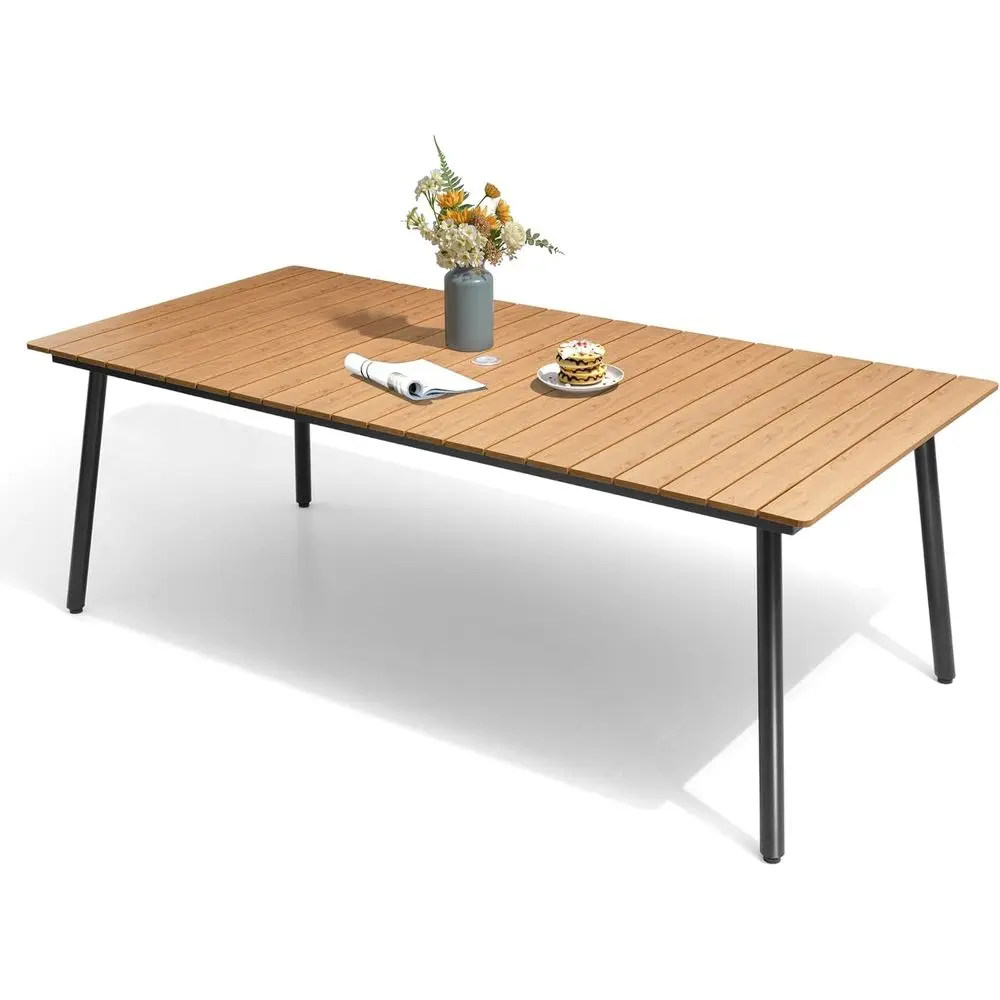 

83-дюймовый уличный обеденный стол для патио на 6-8 человек, с устойчивой к атмосферным воздействиям столешницей под дерево и отверстием для зонта, для встреч на террасе, коричневый