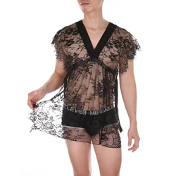 CLEVER-MENMODE Dentelle Robe Loisirs Hommes Vêtements De Nuit Pyjamas Babydoll Voir À Travers Sexy Décolmétrage En V Profond Peignoirs Chemise De Nuit Homewear