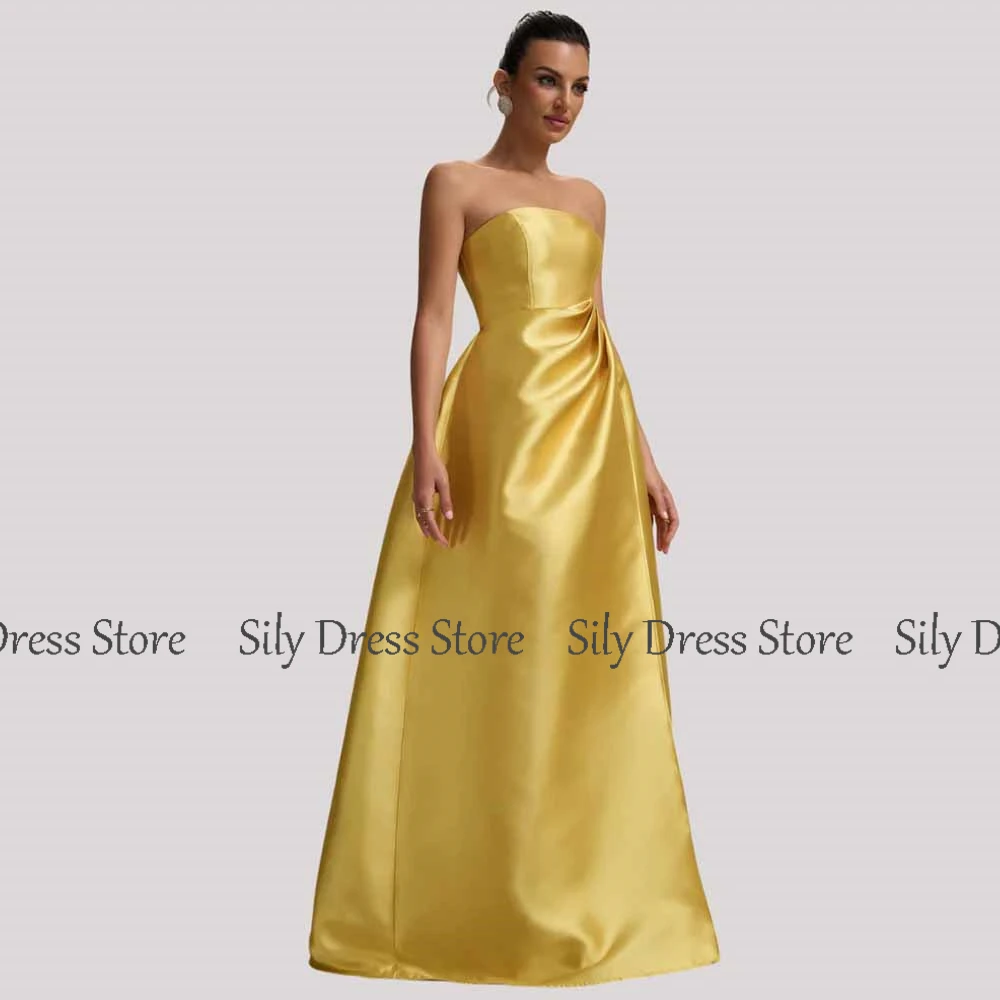 Simple Ceremony Evening Dresses 2025 Satin A-line Celebrity Dress Golden Strapless Pleat Split Prom Dress Long