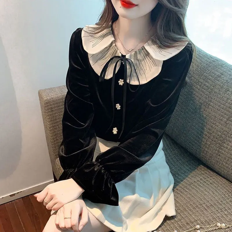 Sweet Peter Pan Collar Velvet Blouse Drawstring Bow 2024 Autumn Long Sleeve Women\'s Clothing Stylish Pearl Single-breasted Shirt