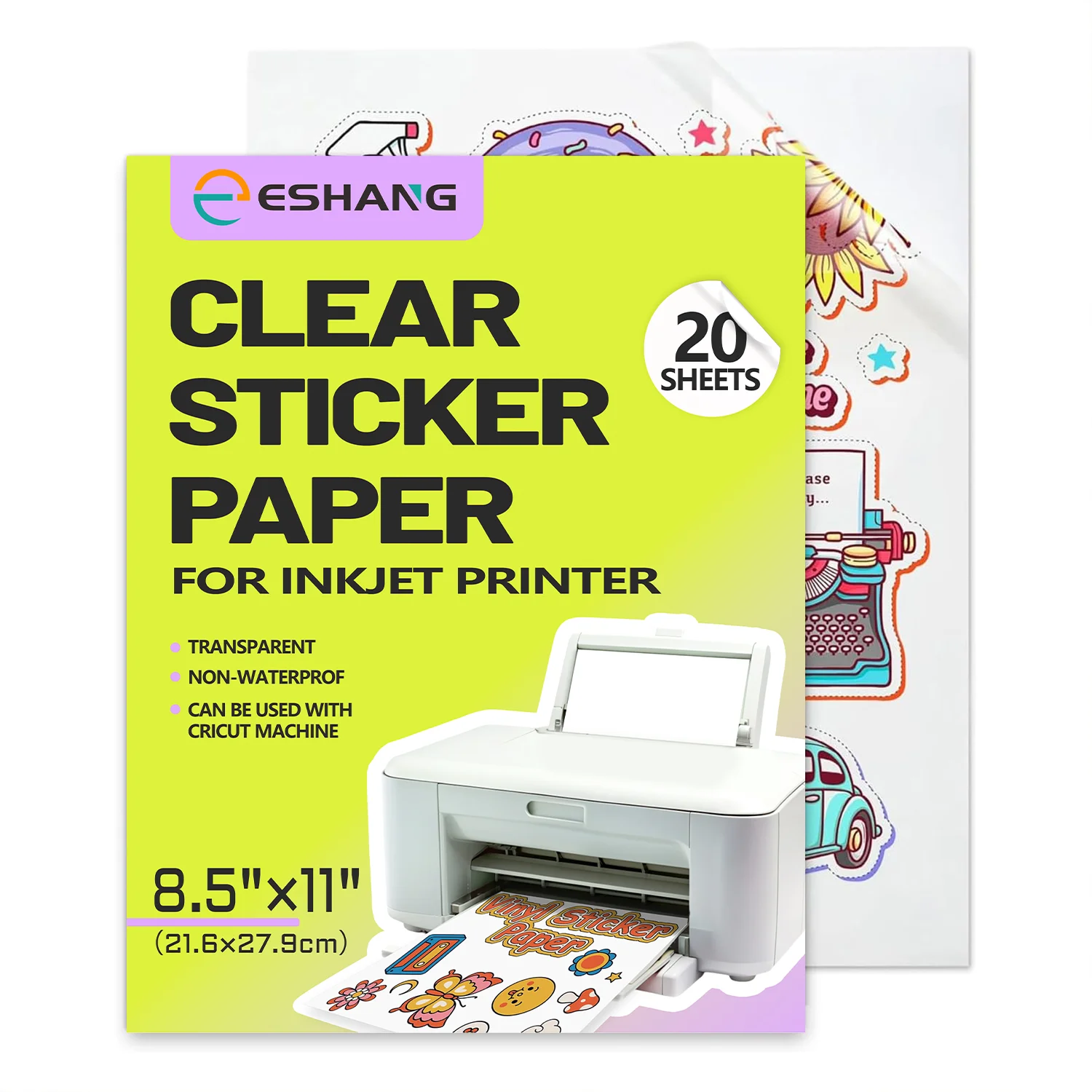 20 Sheets Clear Sticker Paper 8.5x11 Inch Transparent Glossy Printable Vinyl for Inkjet Printer Non-Waterproof Decals