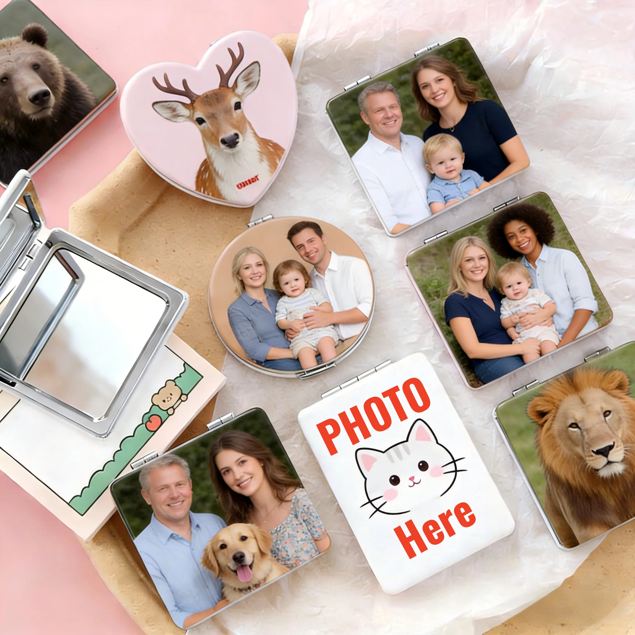 Custom Photo Double Sided Pocket Mirror Personalized Family Pet Picture Leather Mini Mirror Unique Keepsake Gift For Loved