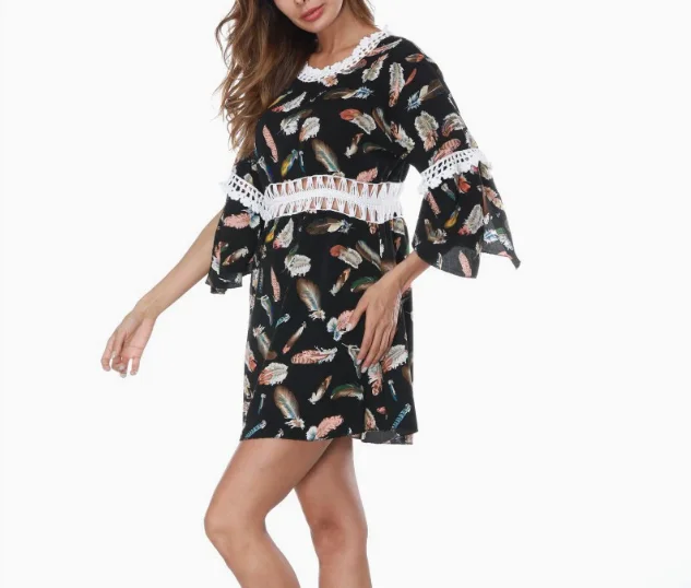 

Women Dresses 2026 New Spring Summer Fashion Print Round Neck Long Sleeve Loose Fit Casual Vacation Beach Cover Dress