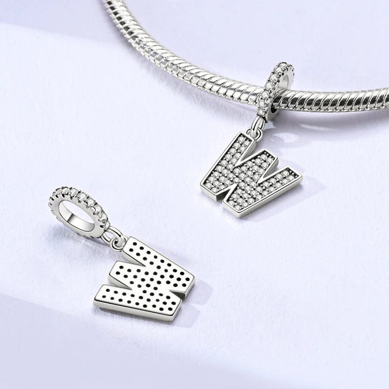 

925 Sterling Silver Letters Charms Bead CZ Zircon W Alphabet Dangle Fit Original Bracelet Women Jewelry Gift