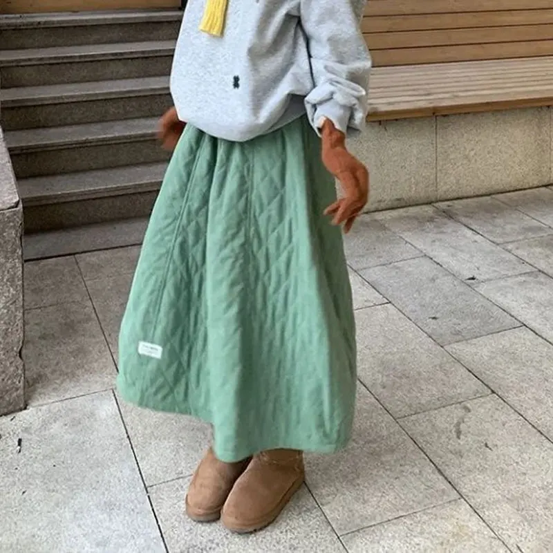 Women Diamond Quilted Padded Midi Skirt Elastic Waist Corduroy A Line Loose Fall Winter Warm Thick Solid Color Casual Long Skirt