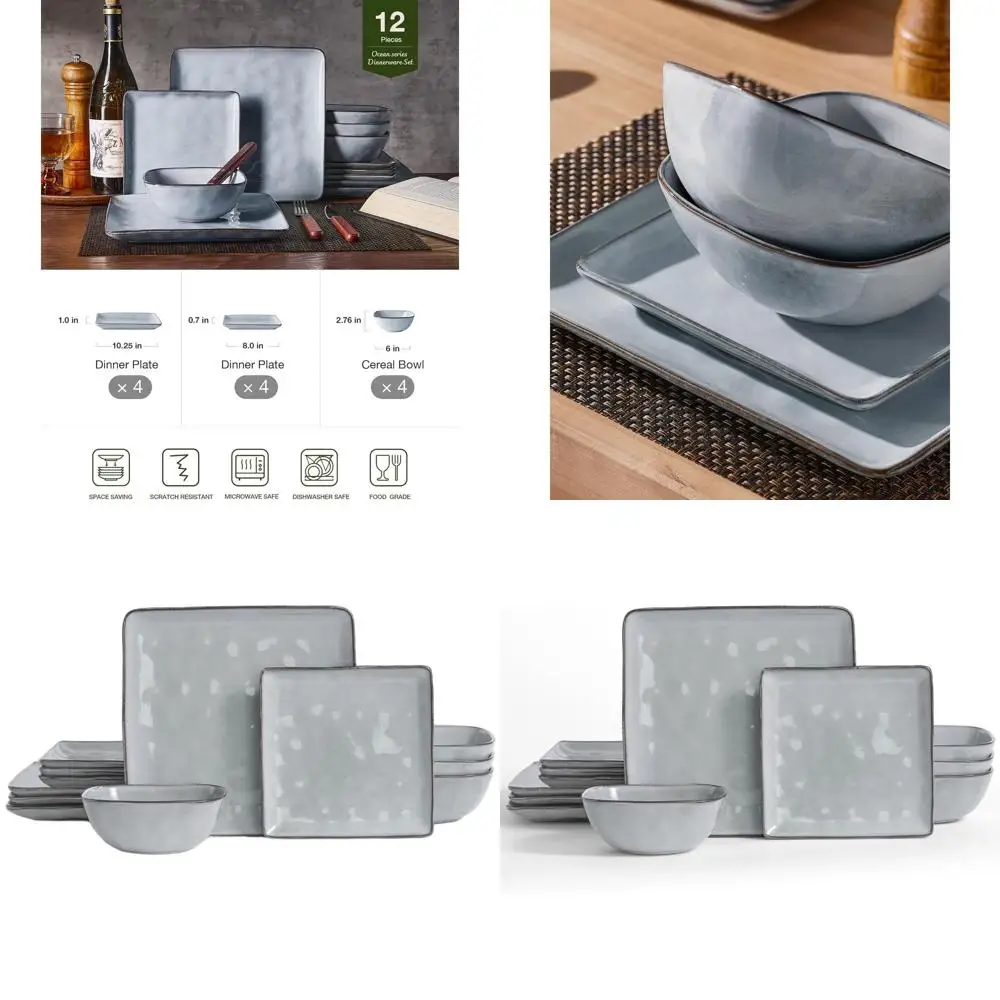 

12-Piece Grey Reactive Glaze Dinnerware Set: Microwave & Dishwasher Safe Plates and Bowls for 4