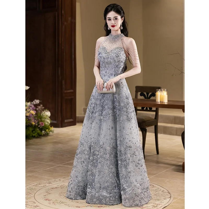 Sexy Neline Evening Gown Host Year End Par Dr owmanip Sino Silk Single oulder Sle mid Waist KTV Costume