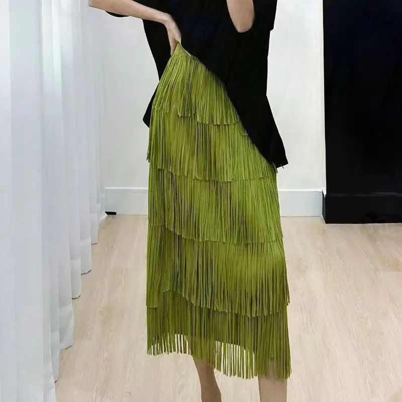Women\'s Long Tassel Skirt, High Waisted, Slim, Korean Fashion, Monochromatic, Champagne, Black Midi Skirts for Women, Summer2024