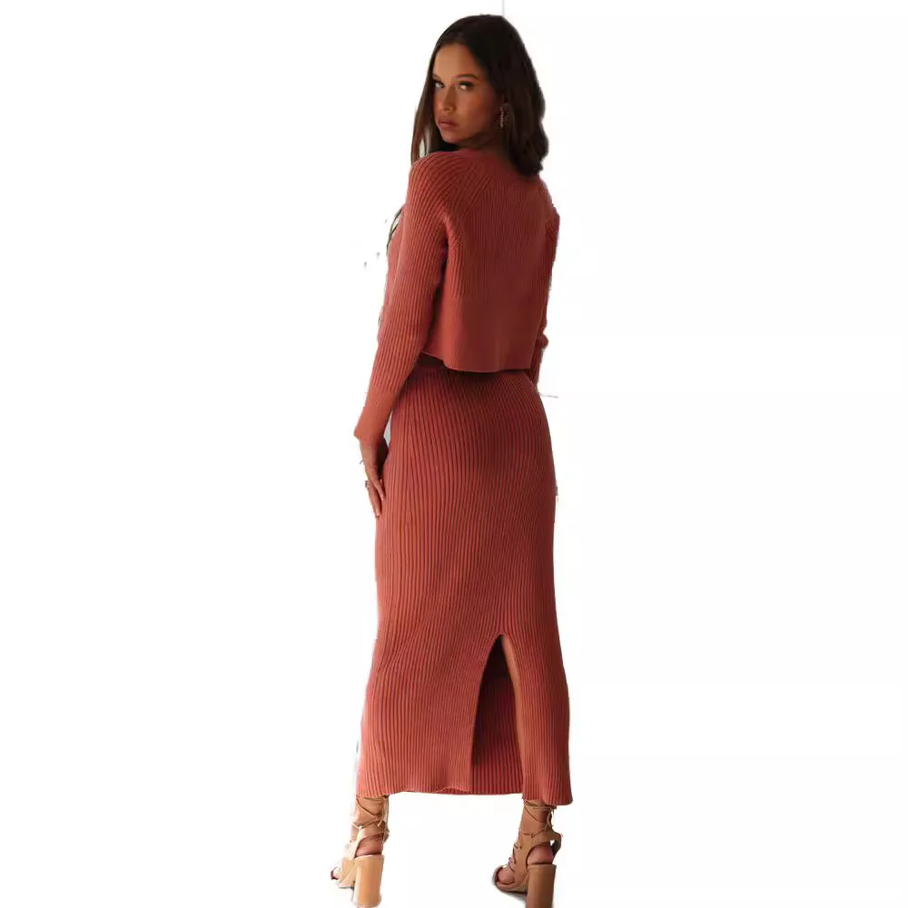 European and American fashion sweater skirt knitted hem slit long skirt set