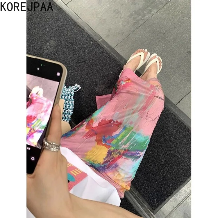 

Korejpaa Harajuku, юбки с уличным принтом, женская одежда Y2k, прямая юбка с высокой талией и разрезом, новинка лета 2021, средняя длина, Faldas Mujer