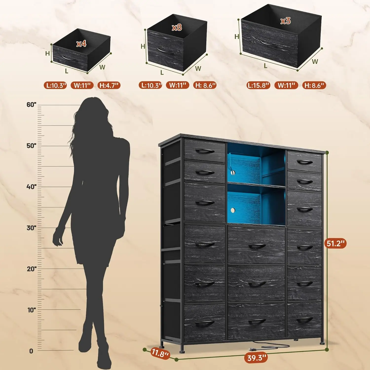 51' Black Dresser with 15 Drawers, Charging Station, LED Lights, Hutch, Steel Frame, Wood Top