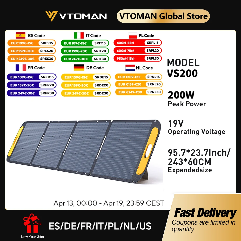 

VTOMAN VS200 Жесткая складная солнечная панель Высокоэффективная портативная солнечная панель для путешествий, телефона и лодки 19 В 200 Вт
