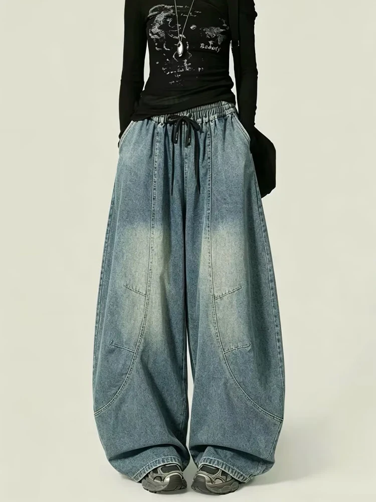 Amax LuluE 2026 Fall Ladies Fashion Denim Wide Leg Pants Loose Vintage Casual Jeans Womens Classic Elastic Waist Solid Trousers
