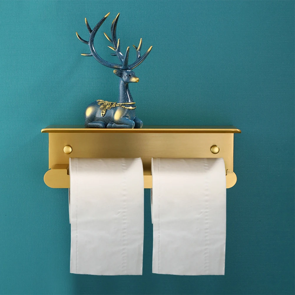 

Golden Aluminum Alloy Paper Towel Holder 2 In 1 Tissue Roll Shelf Phone Storage Brushed Texture Bathroom Accessory For Home