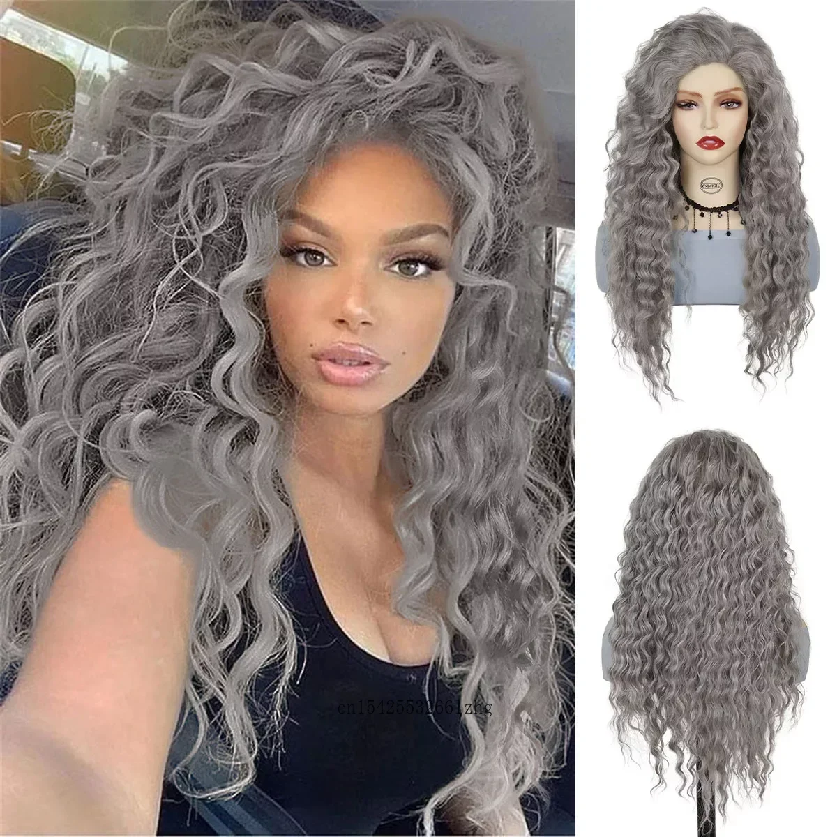 GNIMEGIL Synthetic Grey Hair Long Water Wave Wigs for Women Natural Fluffy Curly Wave Wig Cosplay Halloween Party Heat Resistant