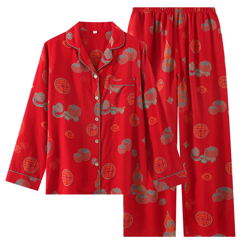 유니섹스 중국 스타일 자카드 파자마 세트 100% 면 거즈 동양식 라운지웨어 호화로운 호박 무늬 탕복 스타일 남성용