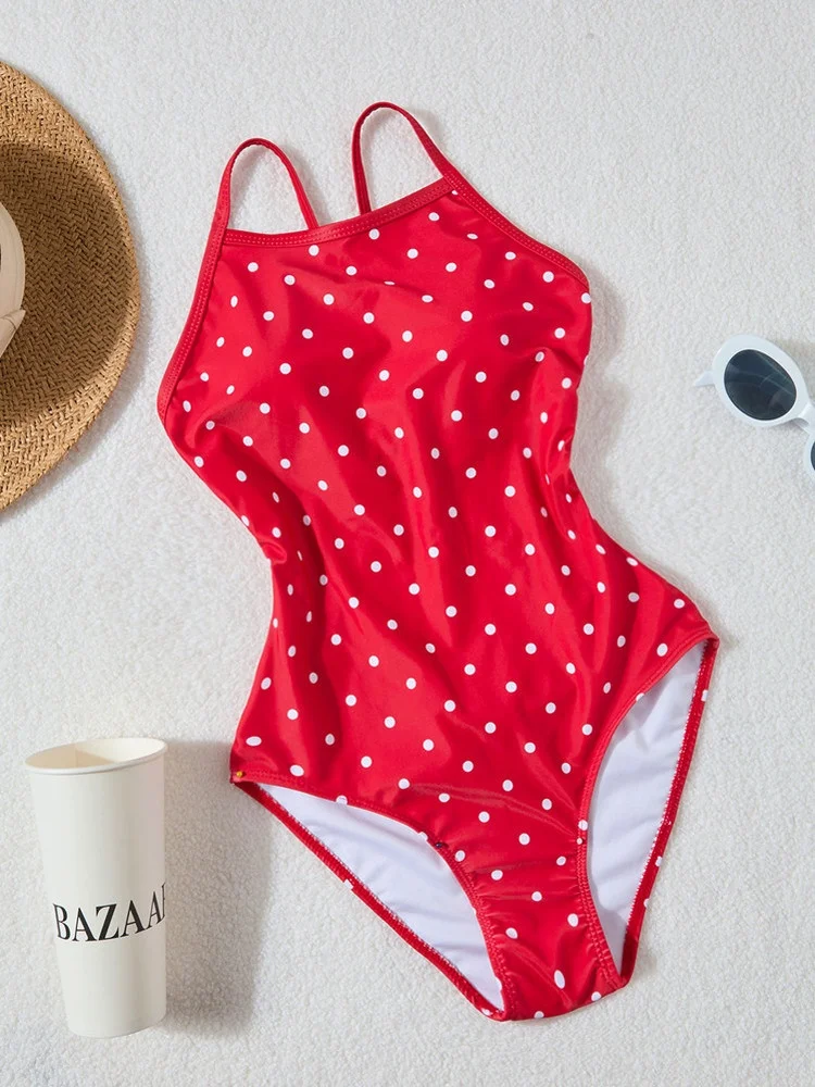 Competitive One-Piece Swimsuit Women's Polka Dot Surfing Sporty Slimming Swimwear with Chest Pad Low Cut Belly Covering