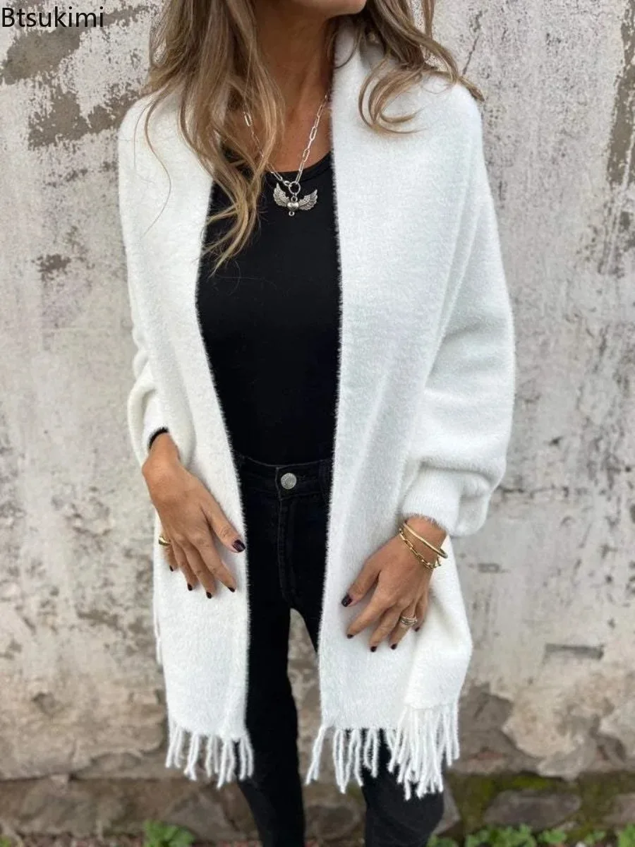 

Women Casual Solid Fashion Plush Knitted Cardigan Coat Tassel Decoration Warm Shawl Coat Commuting Slim Fit Thermal Sweaters